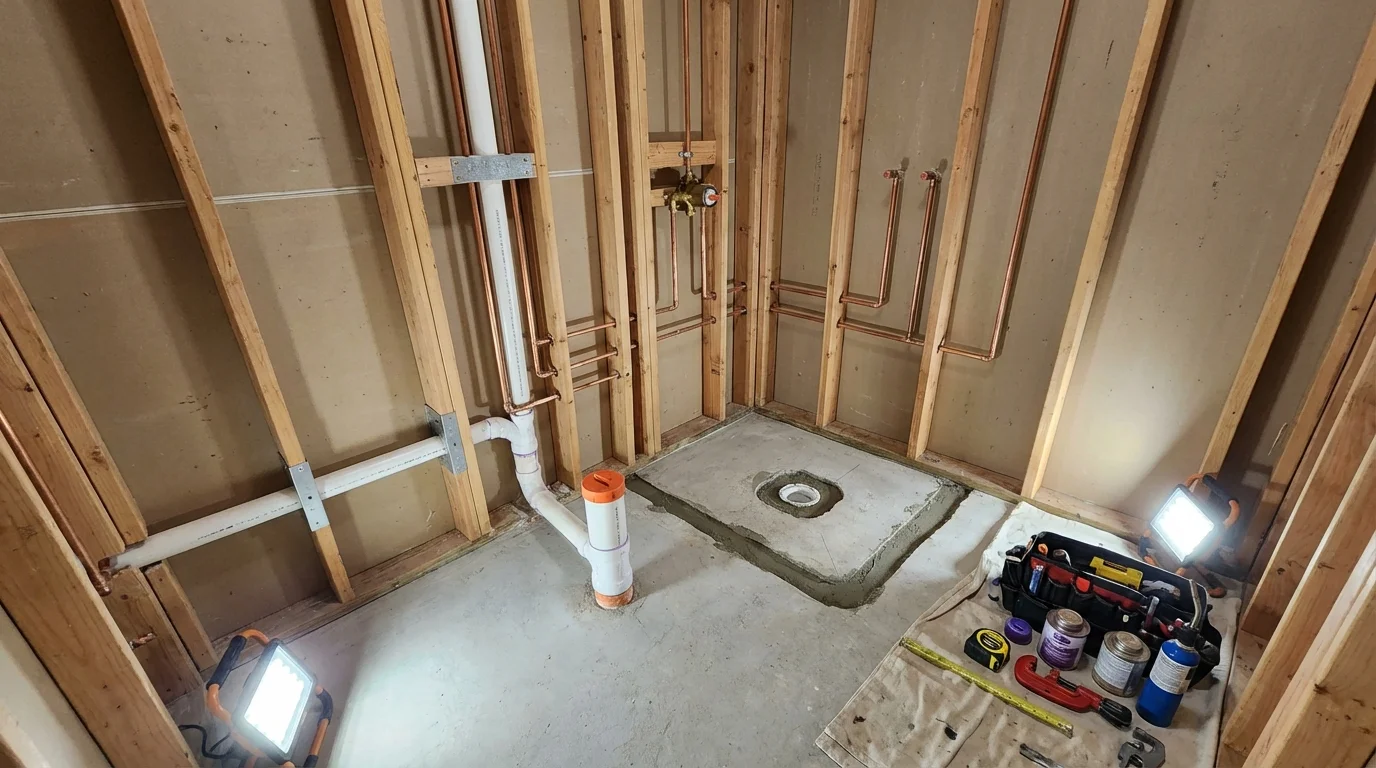 Bathroom rough-in plumbing during remodel by Johns Plumbing LLC in Cazenovia