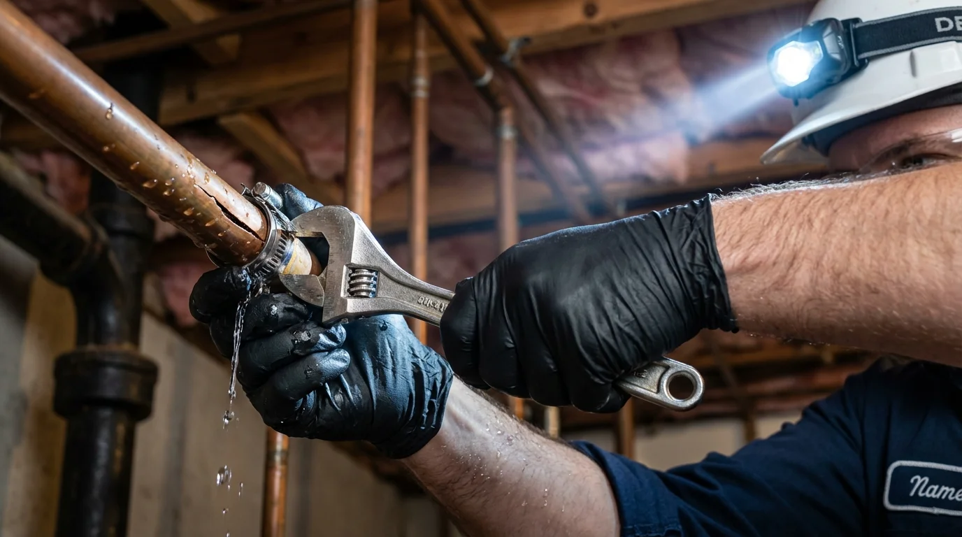 Emergency pipe clamp repair being performed by a Johns Plumbing LLC plumber in Cazenovia