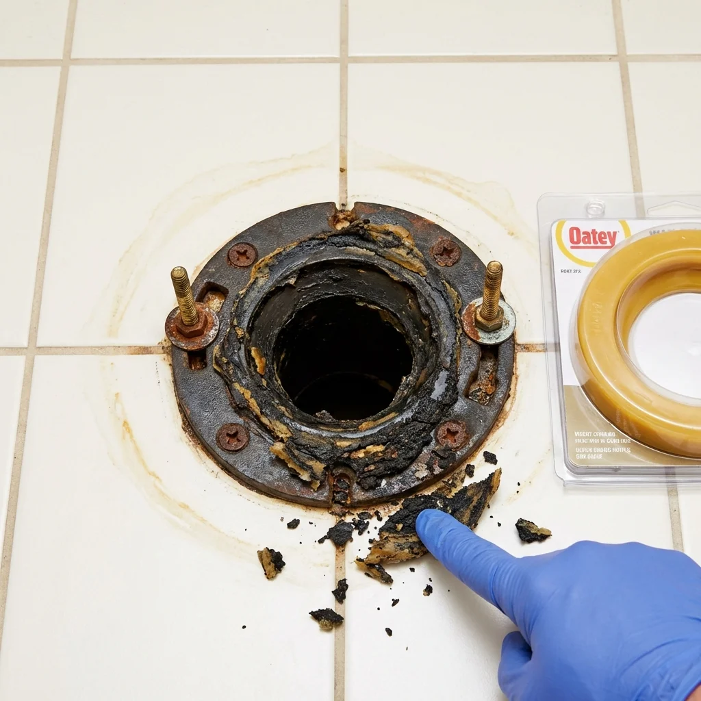 Failed wax ring showing water seepage at the base of a toilet in a Cazenovia, NY home