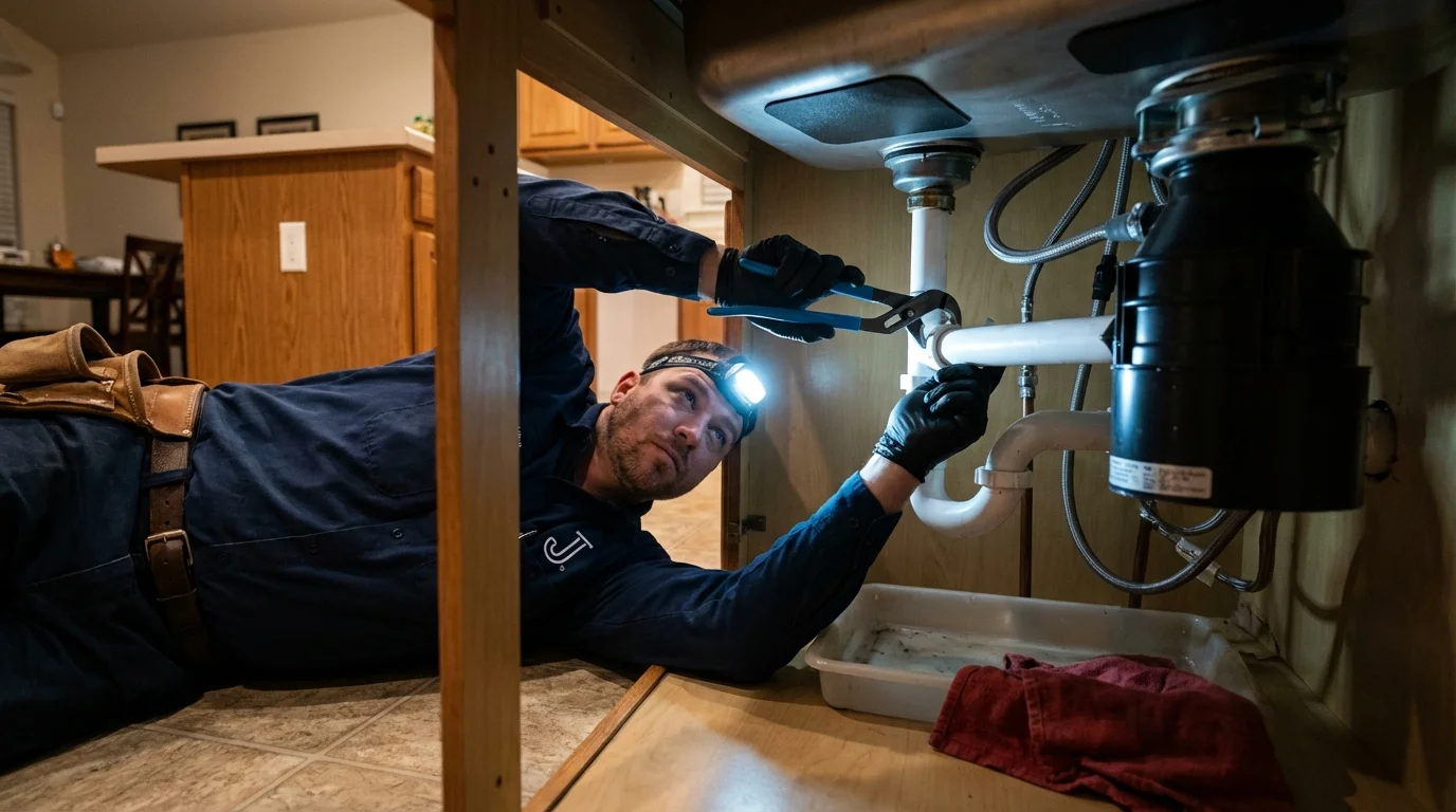 P-trap and supply line connections under a kitchen sink showing a common leak point in Cazenovia, NY